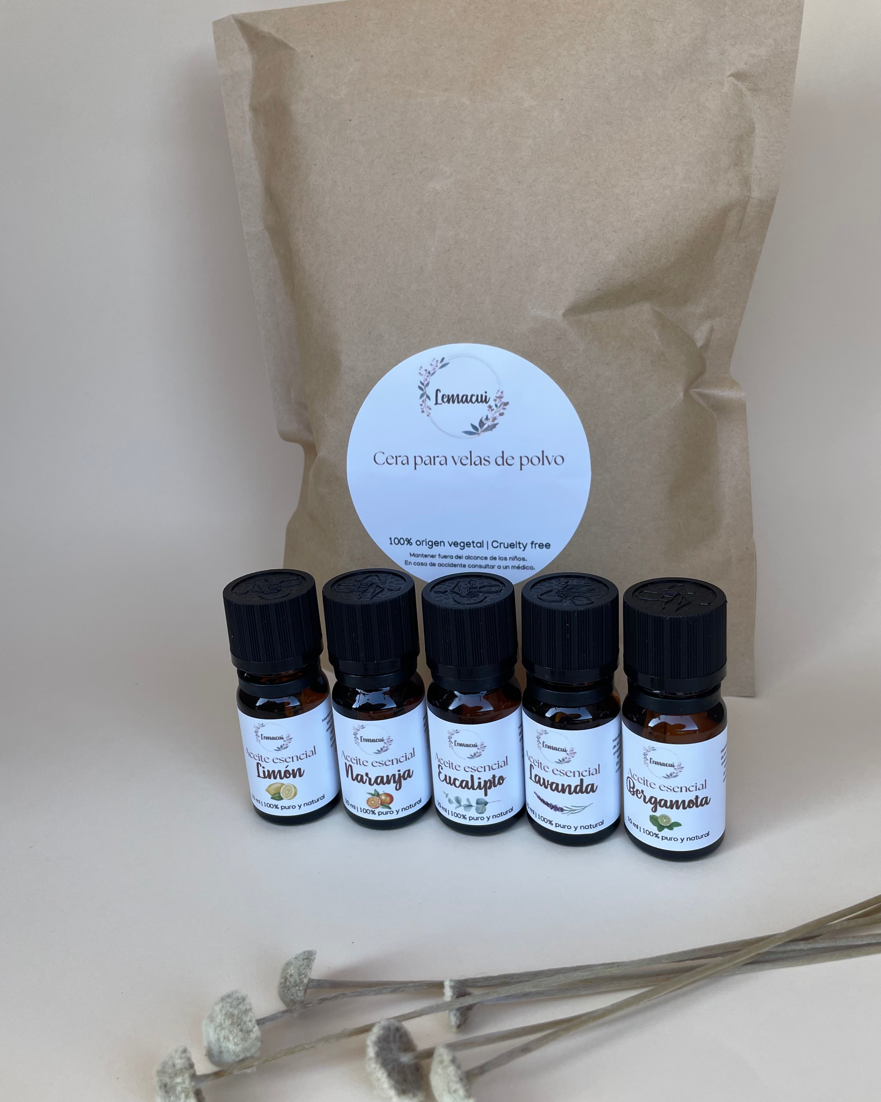 Pack cera para velas de polvo + 5 aceites esenciales