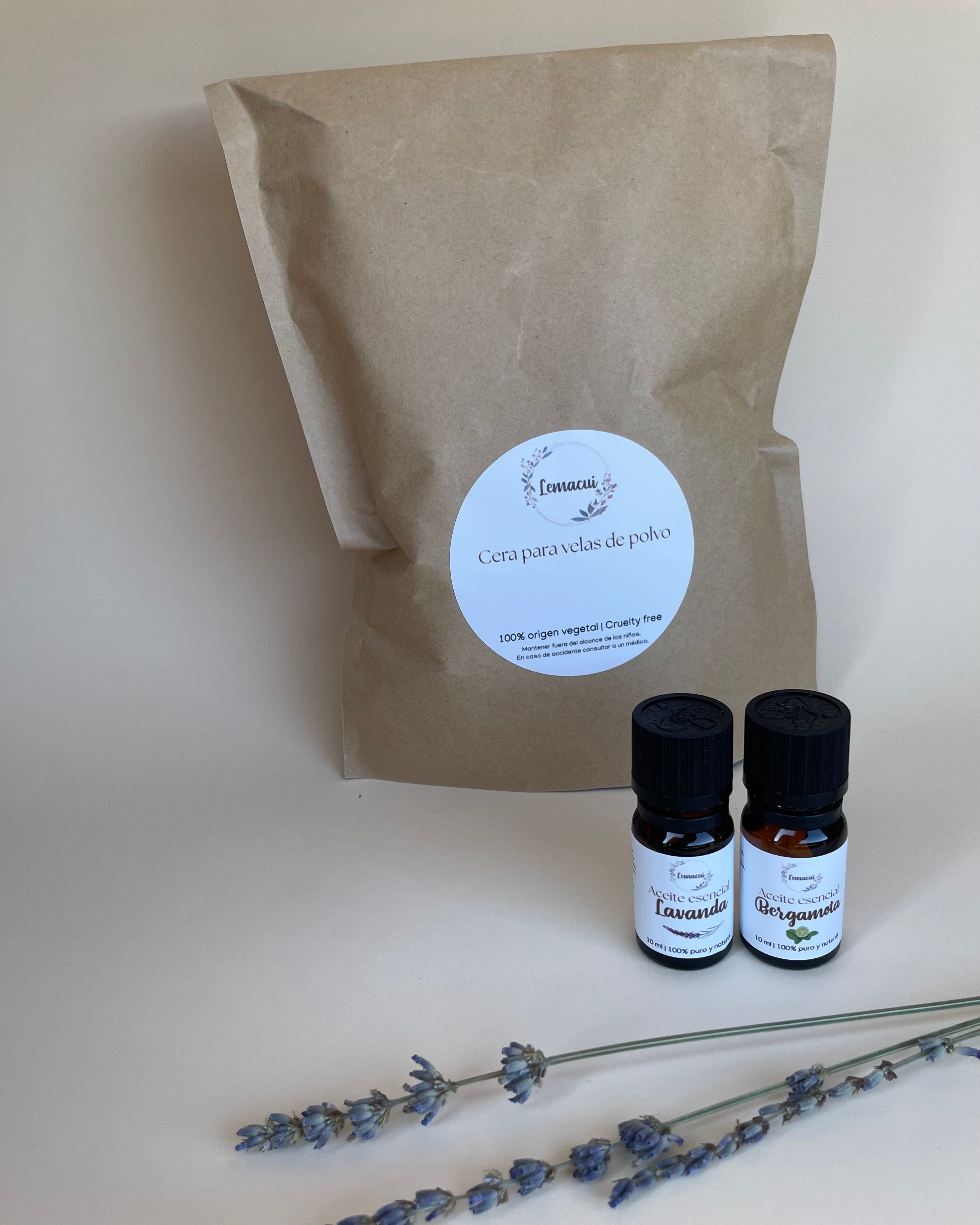 Pack RELAJANTE cera para velas de polvo + 2 aceites esenciales