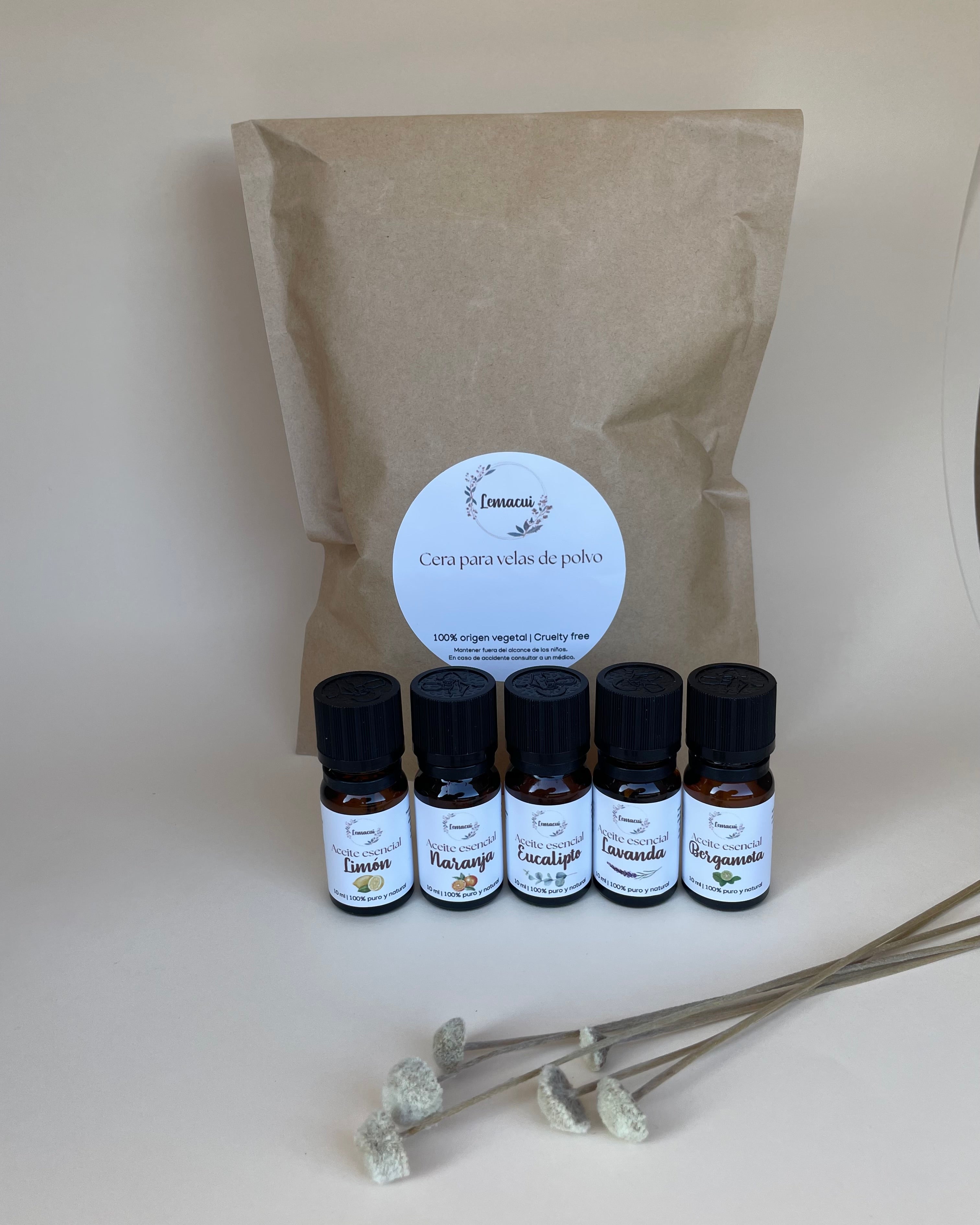 Pack cera para velas de polvo + 5 aceites esenciales